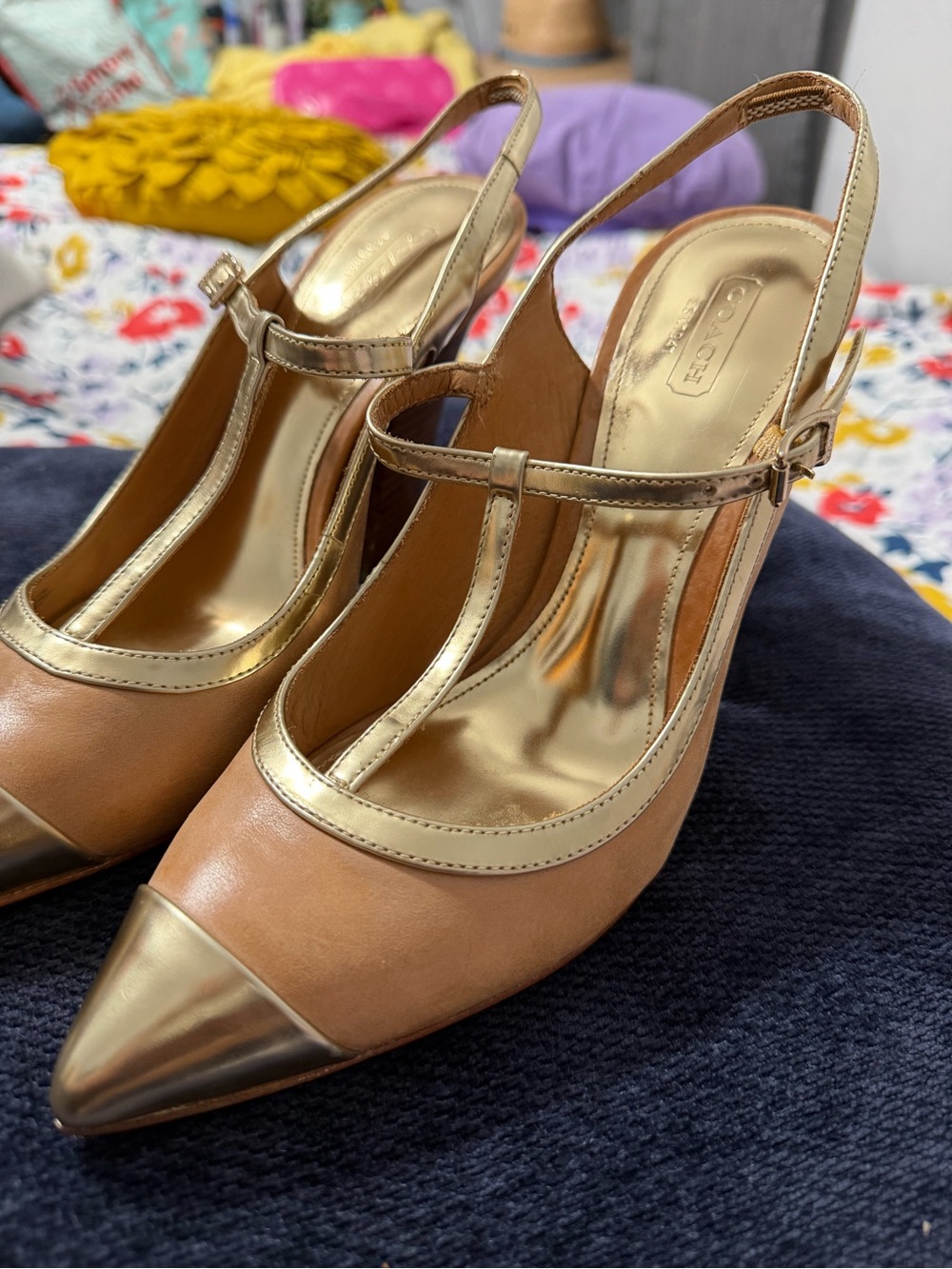 Coach Gold-Tone T-Strap Pointed Toe Women's Heels